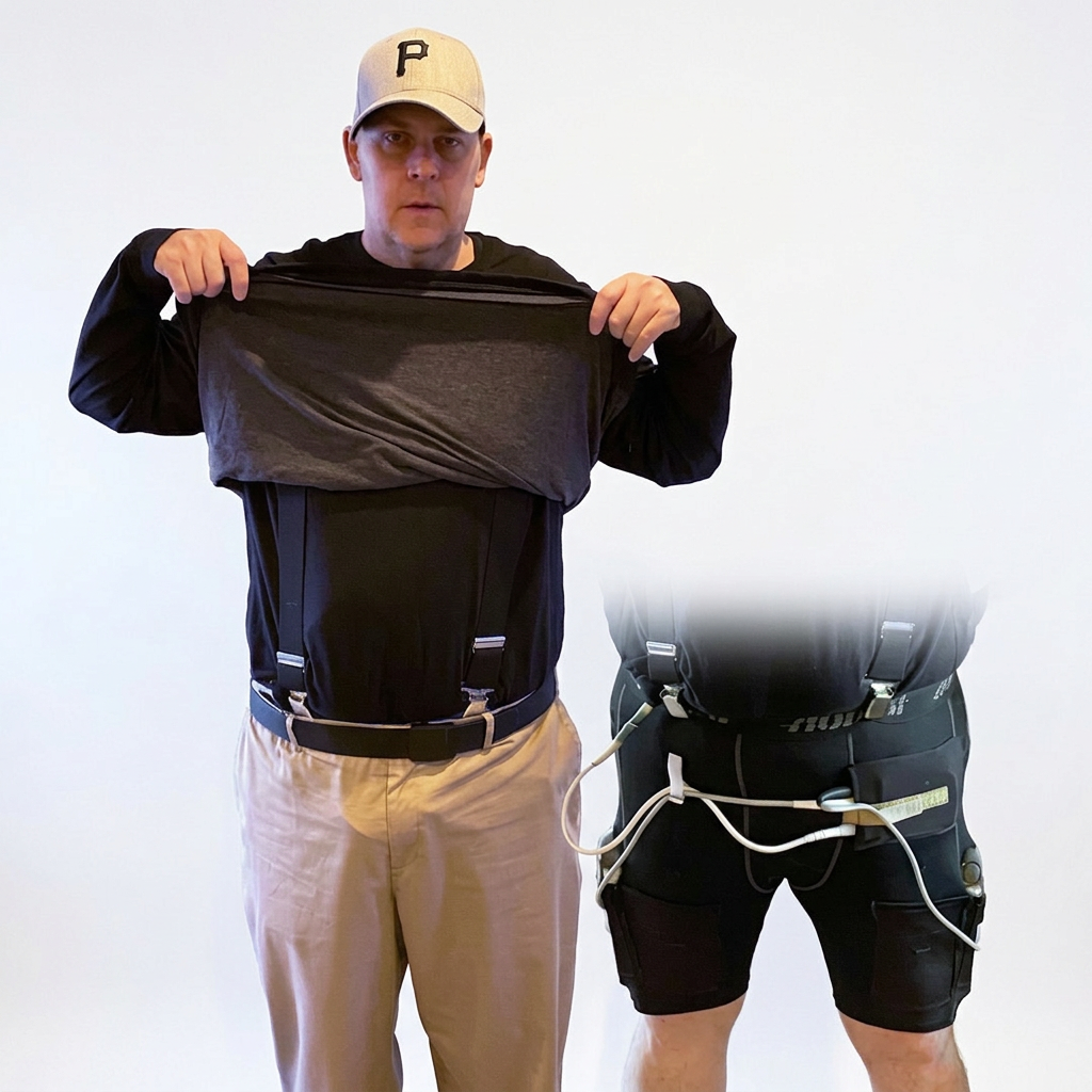 Man lifting his shirt to show LVAD 3 suspenders, with LVAD 3 Shorts worn with battery and controller secured at the waist