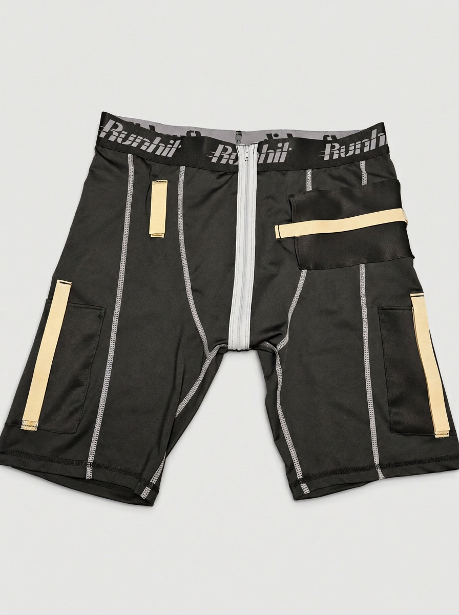 LVAD 3 Shorts laid flat showing both thigh pockets and the controller pocket